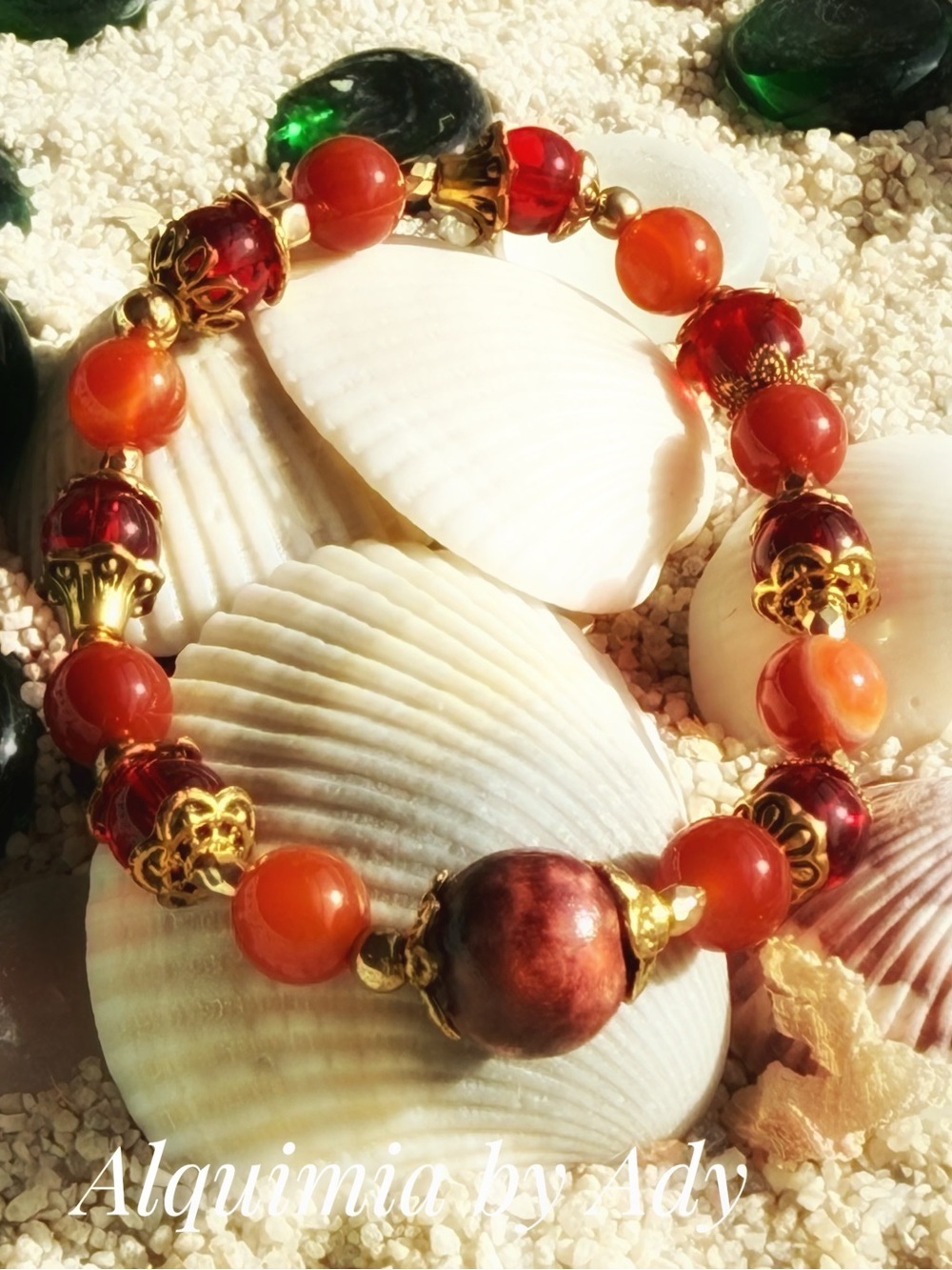 Americana Red turquoise and Orange carnelian Beaded Bracelet with gold Accents